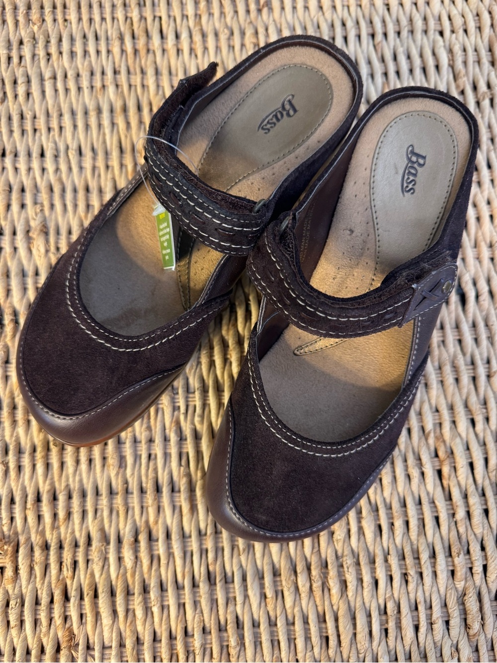 NEW Bass Mary Jane Suede Mule Wedges Shoes in Dark Brown Genuine Leather
